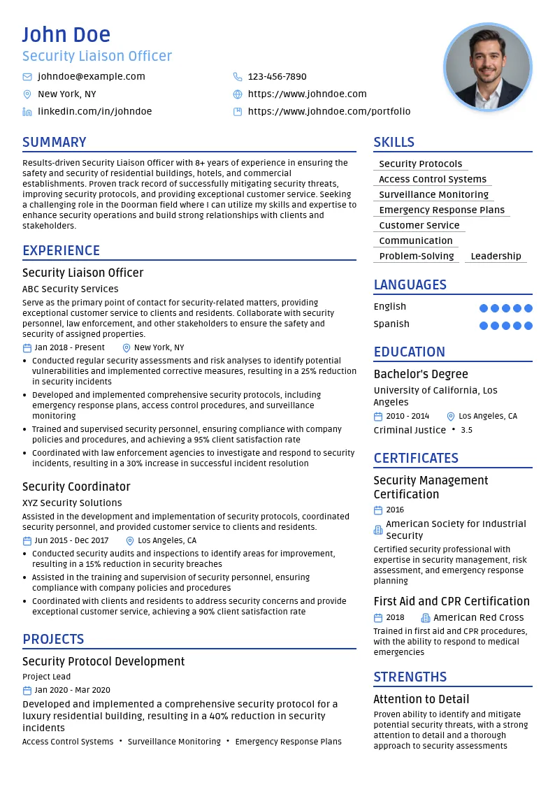 Security Liaison Officer resume example