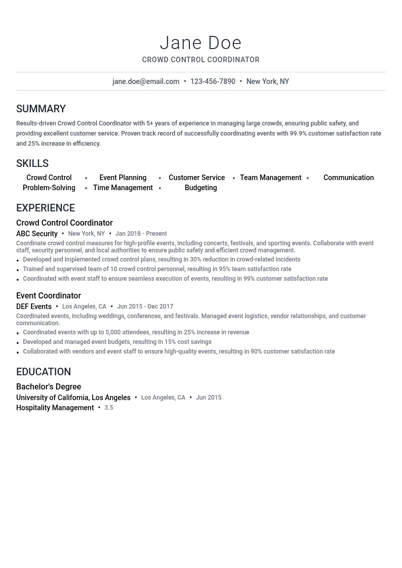 Crowd Control Coordinator resume example
