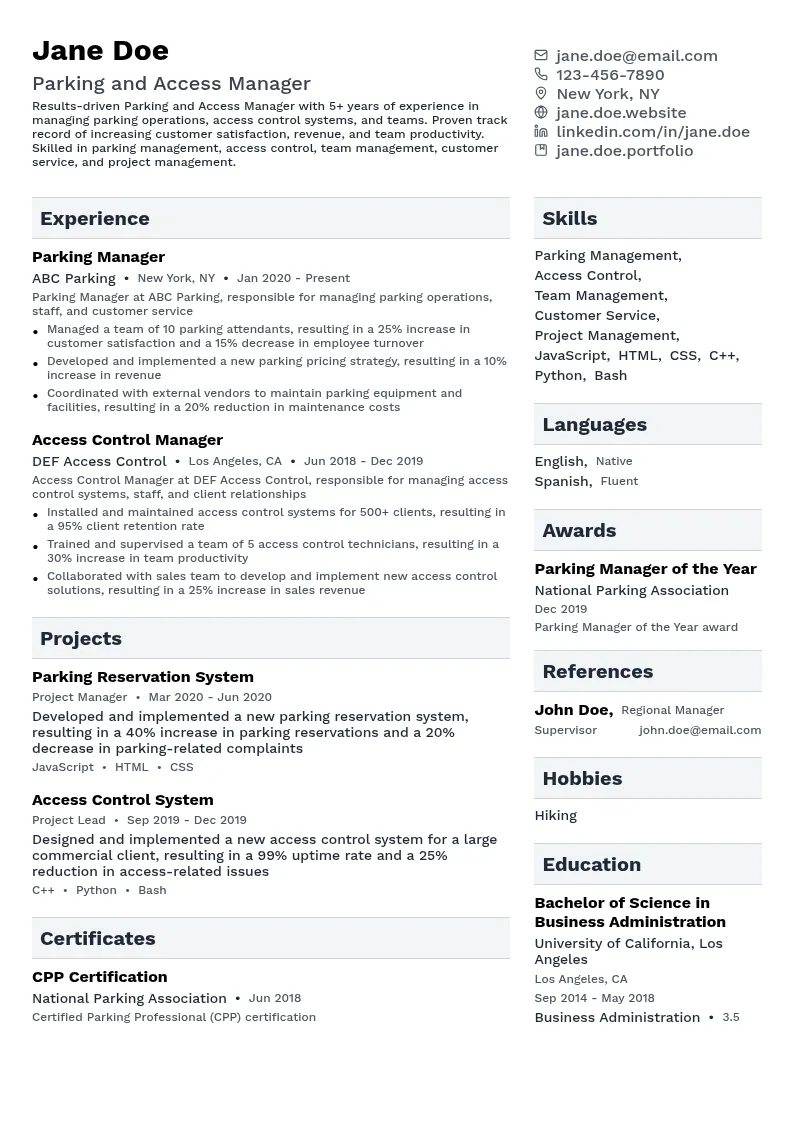Parking and Access Manager resume example