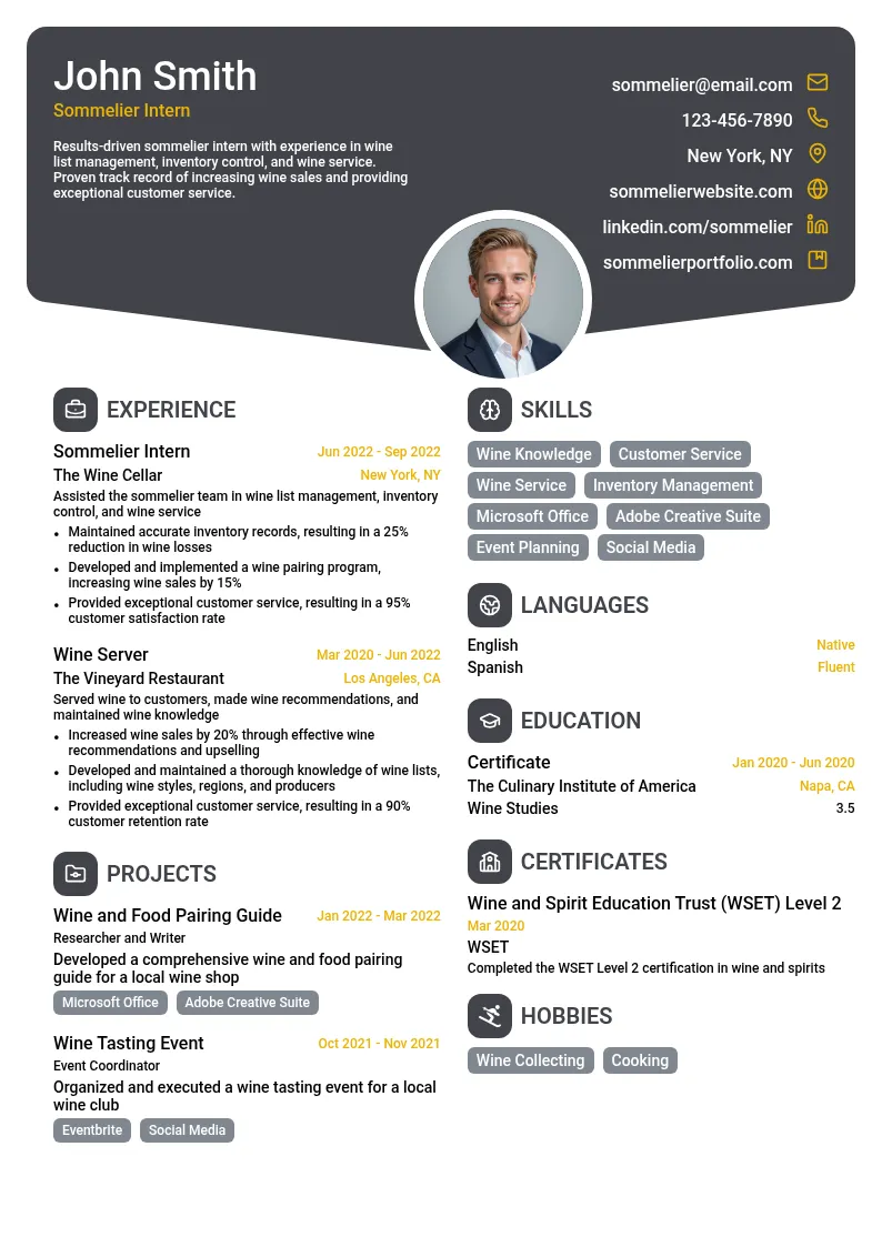 Sommelier Intern resume example