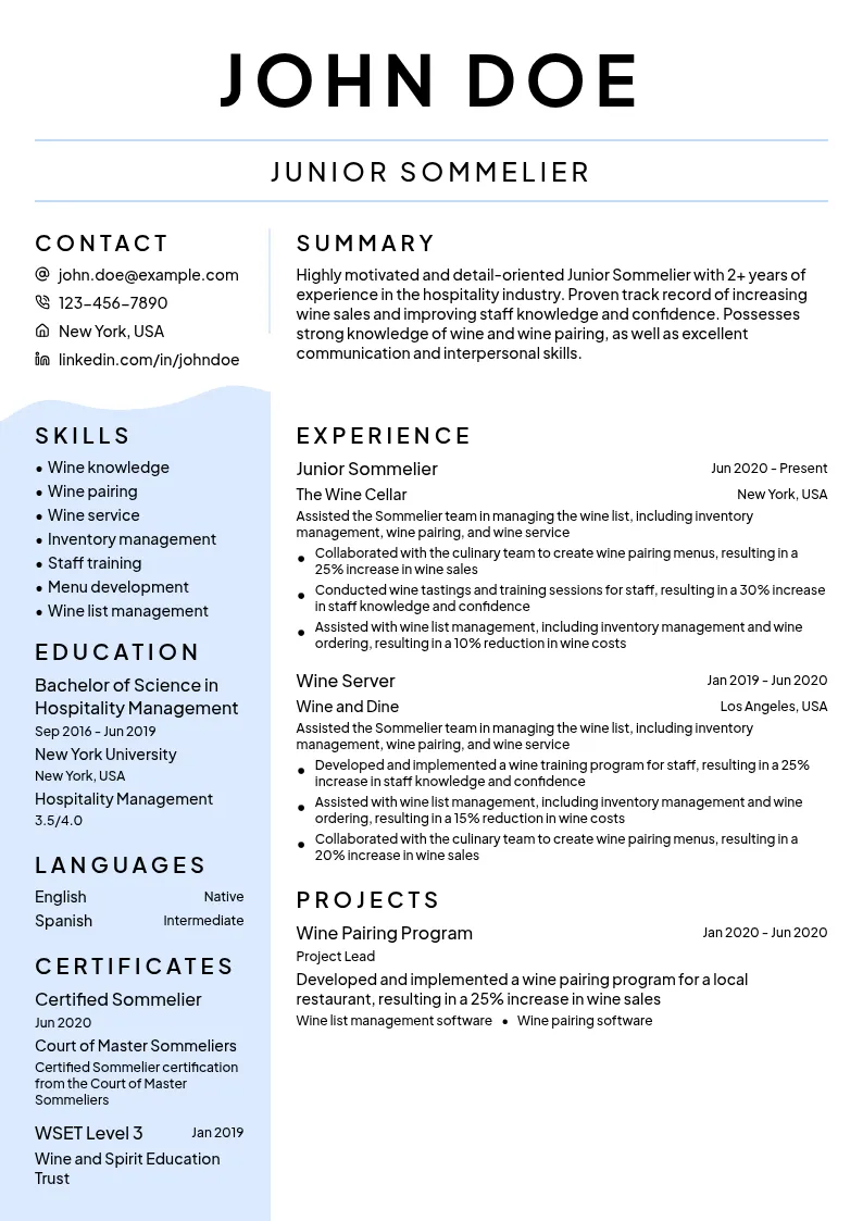 Junior Sommelier resume example