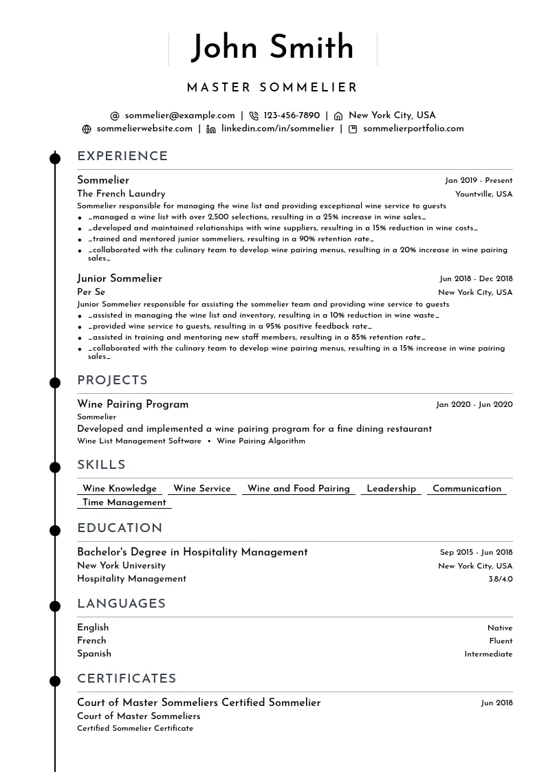 Master Sommelier resume example