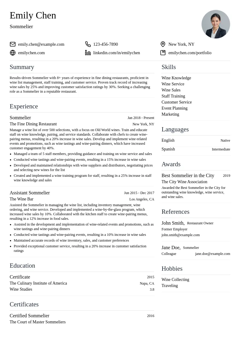 Sommelier in Restaurant resume example