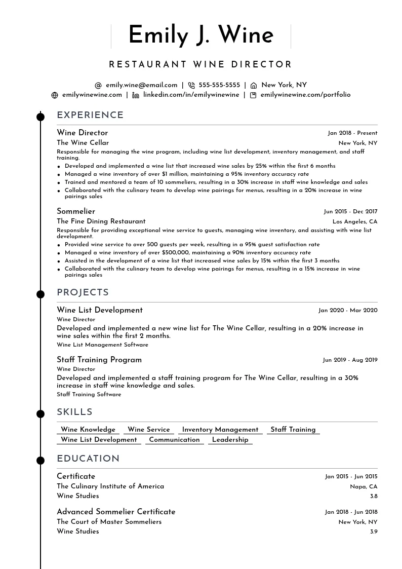 Restaurant Wine Director resume example