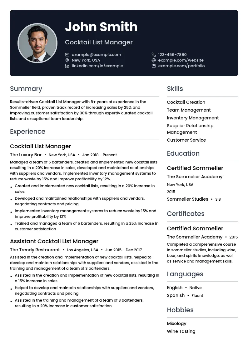 Cocktail List Manager resume example