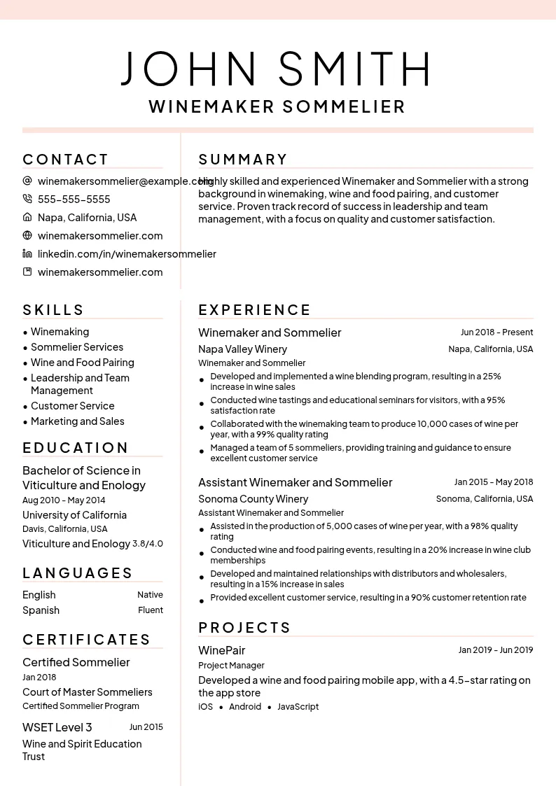 Winemaker Sommelier resume example