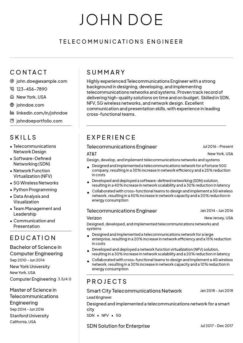 Telecommunications Engineer resume example