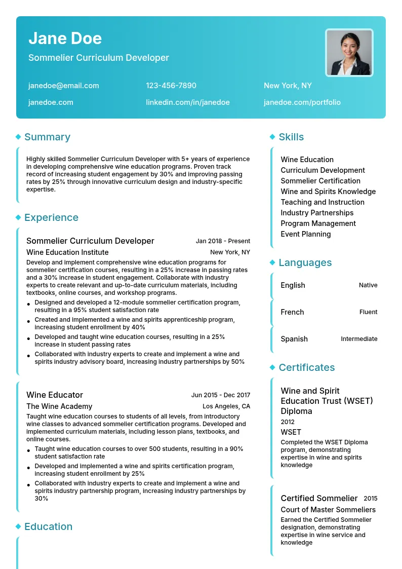 Sommelier Curriculum Developer resume example