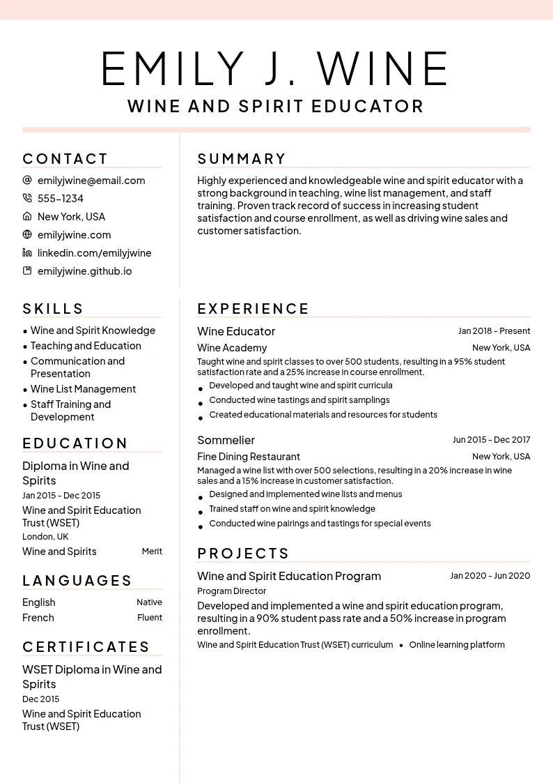 Wine and Spirit Educator resume example