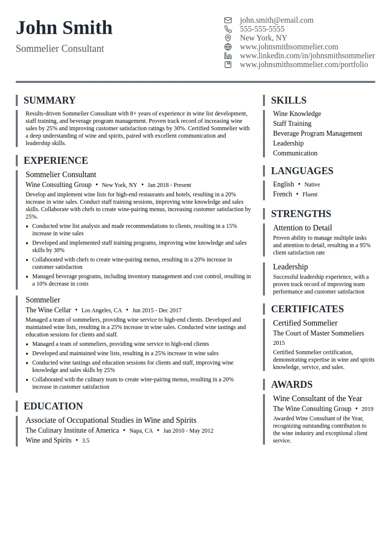 Sommelier Consultant resume example