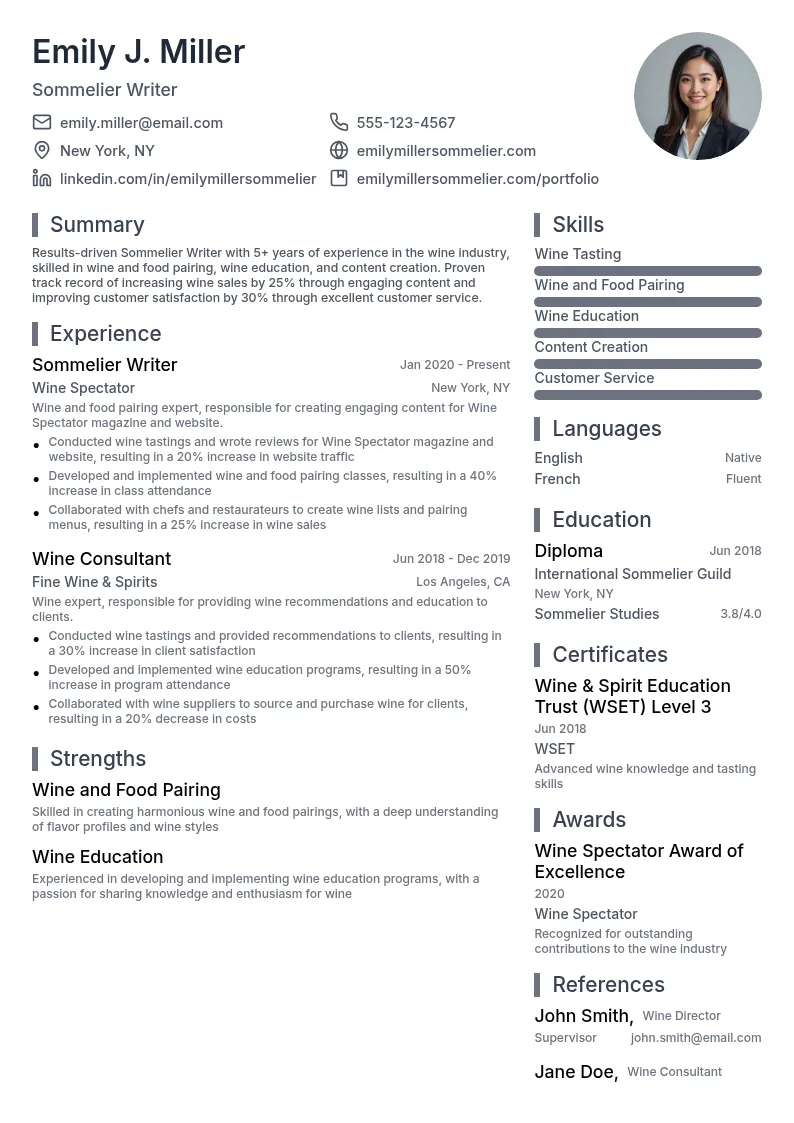 Sommelier Writer resume example