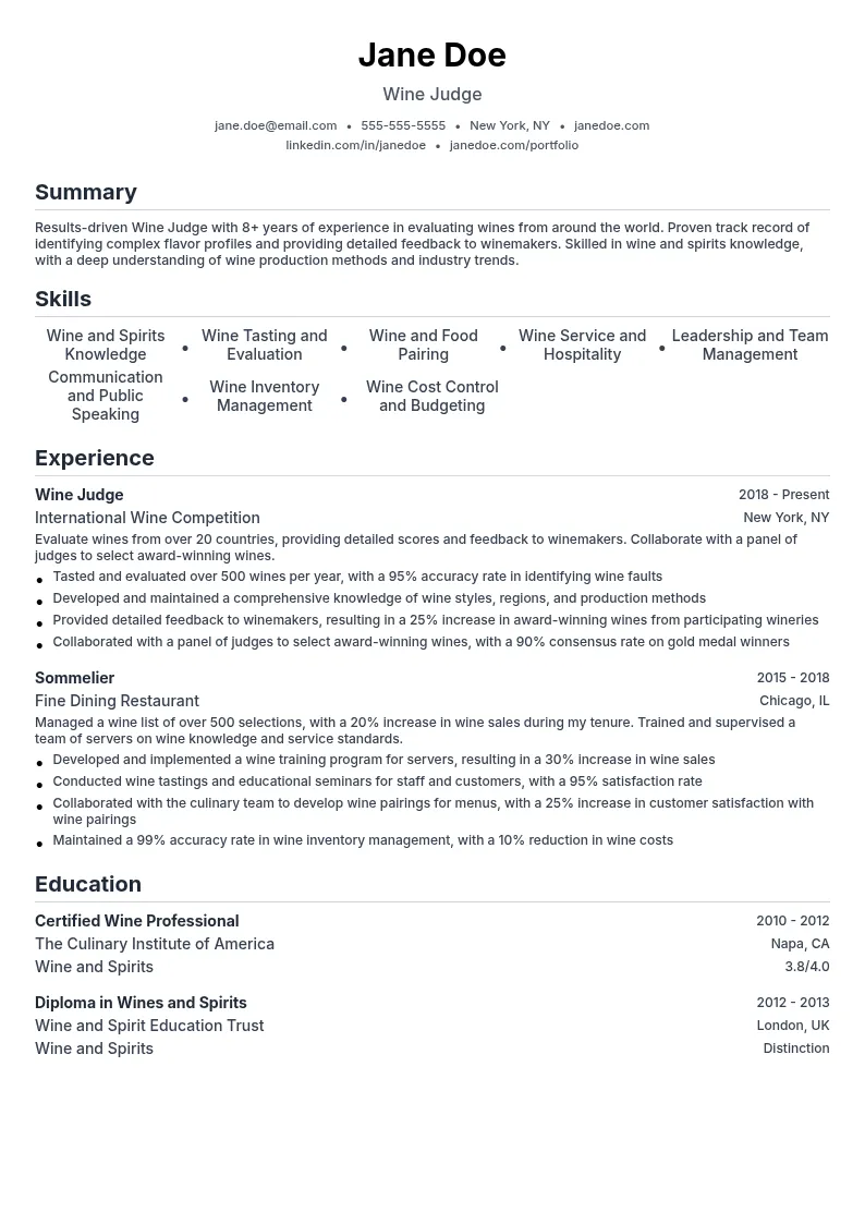 Wine Judge Judge resume example