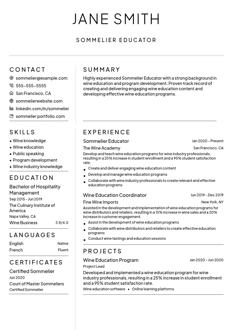 Sommelier Educator resume example