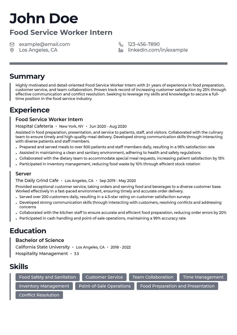 Food Service Worker Intern resume example