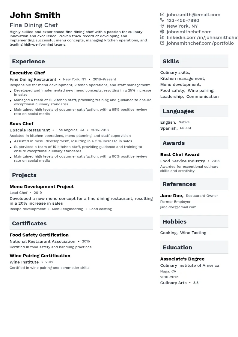 Fine Dining Chef resume example