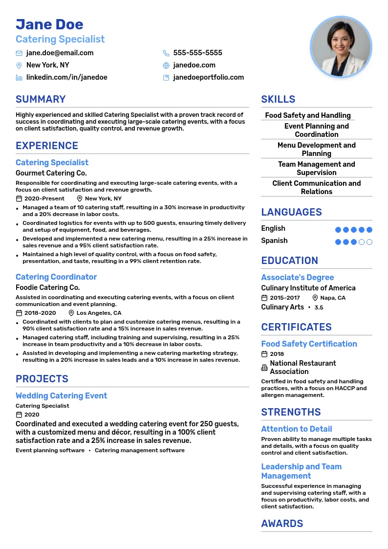 Catering Specialist resume example