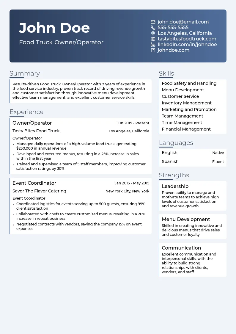 Food Truck Owner/Operator resume example