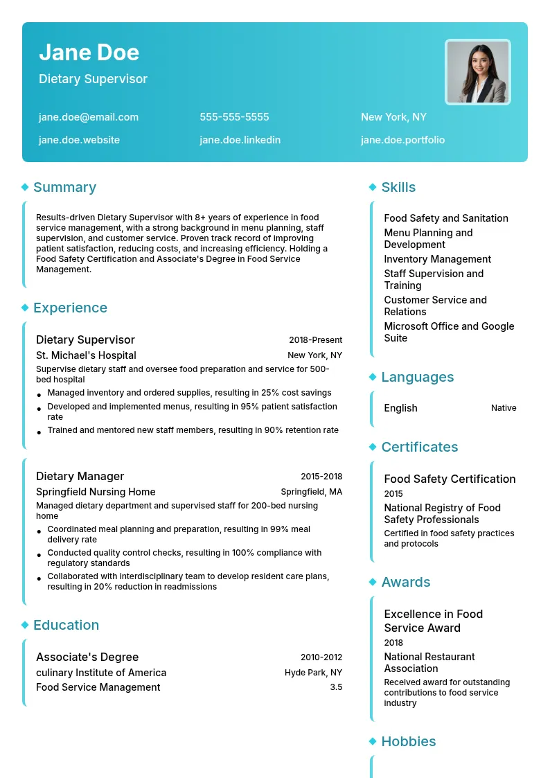 Dietary Supervisor resume example