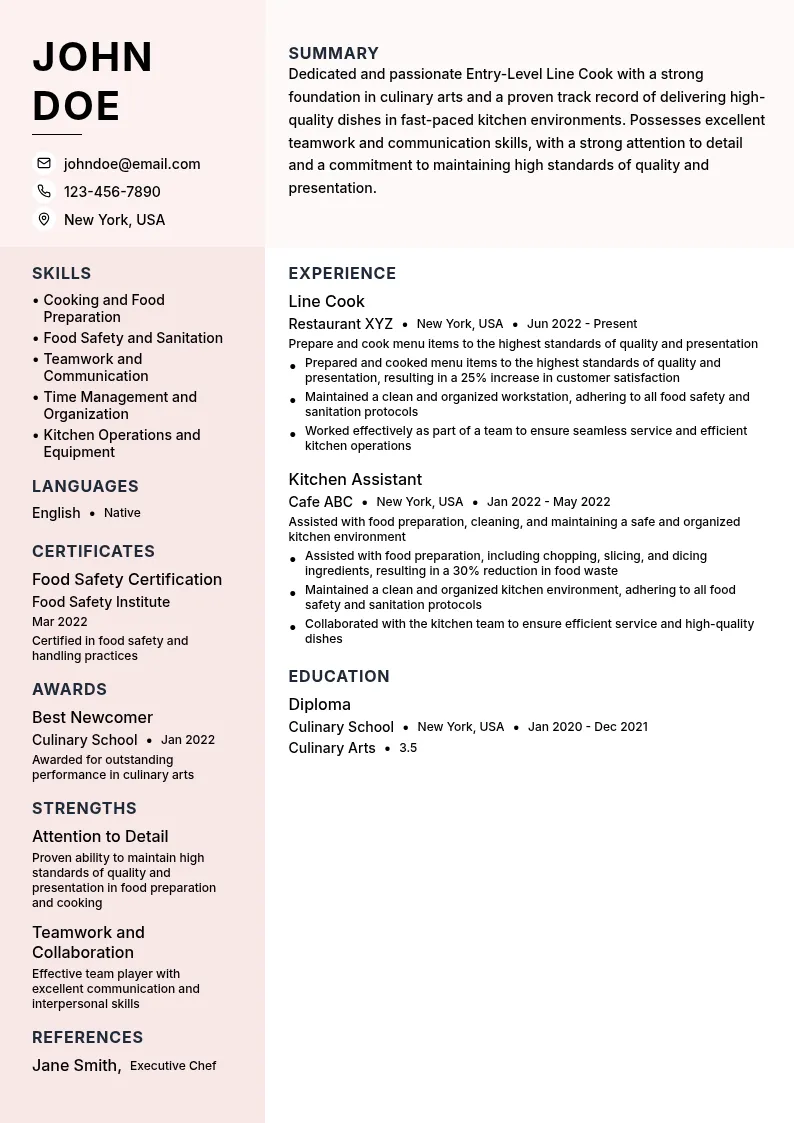 Entry-Level Line Cook resume example