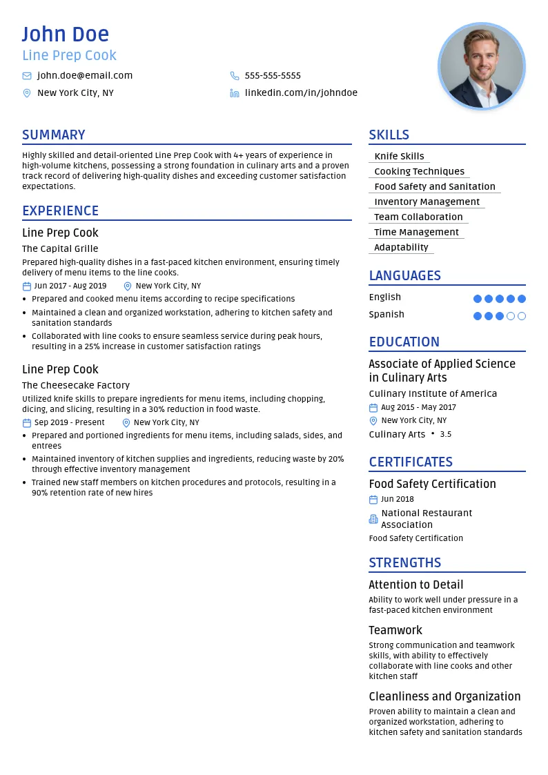 Line Prep Cook resume example