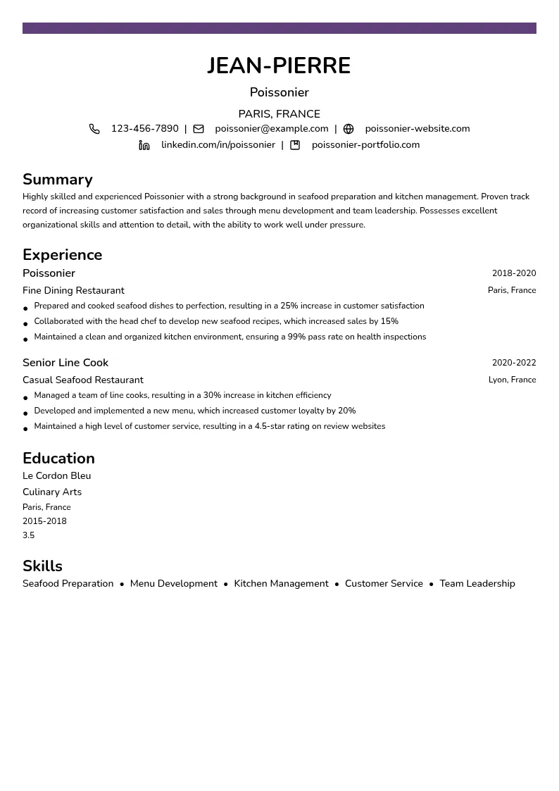 Poissonier resume example