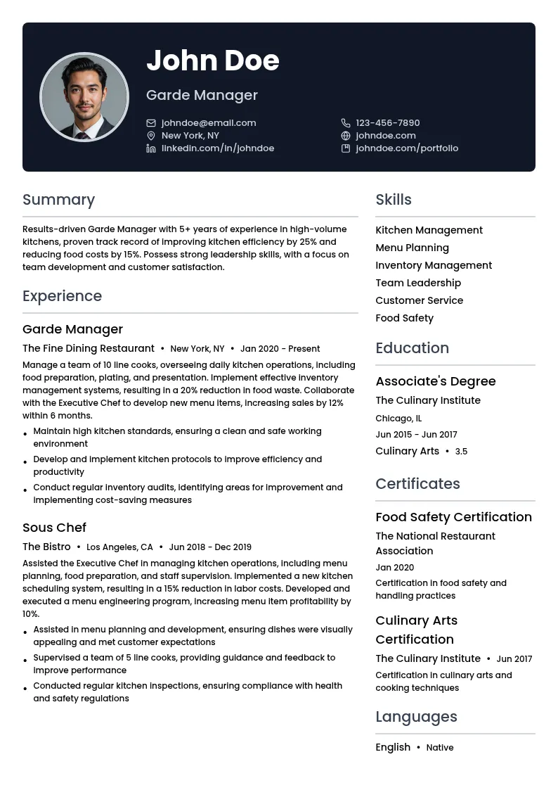Garde Manager resume example