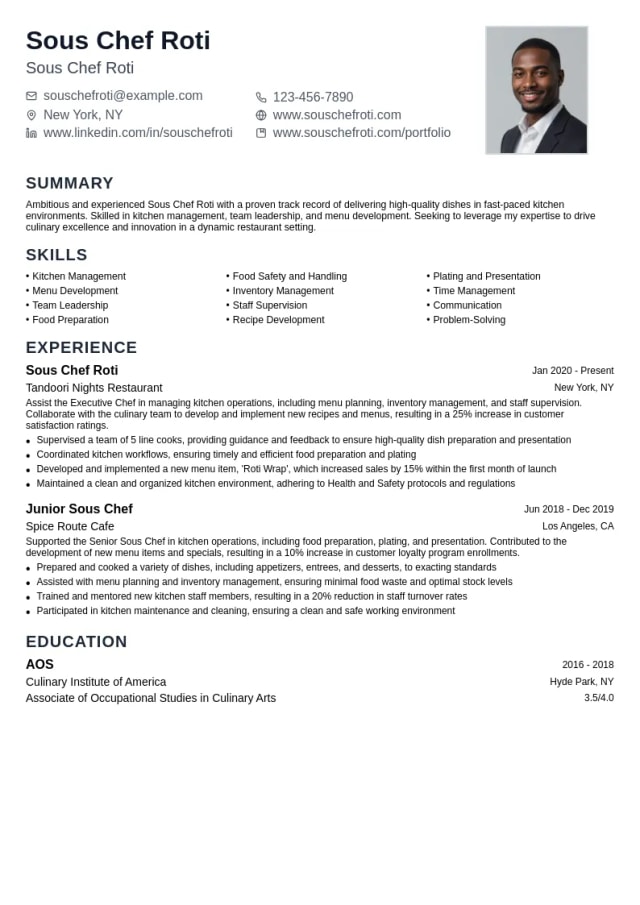 Sous Chef Roti resume example