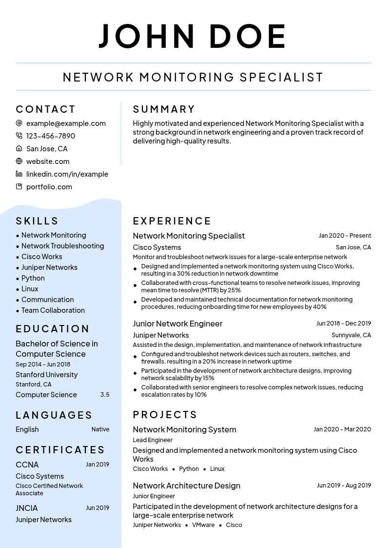 Network Monitoring Specialist resume example