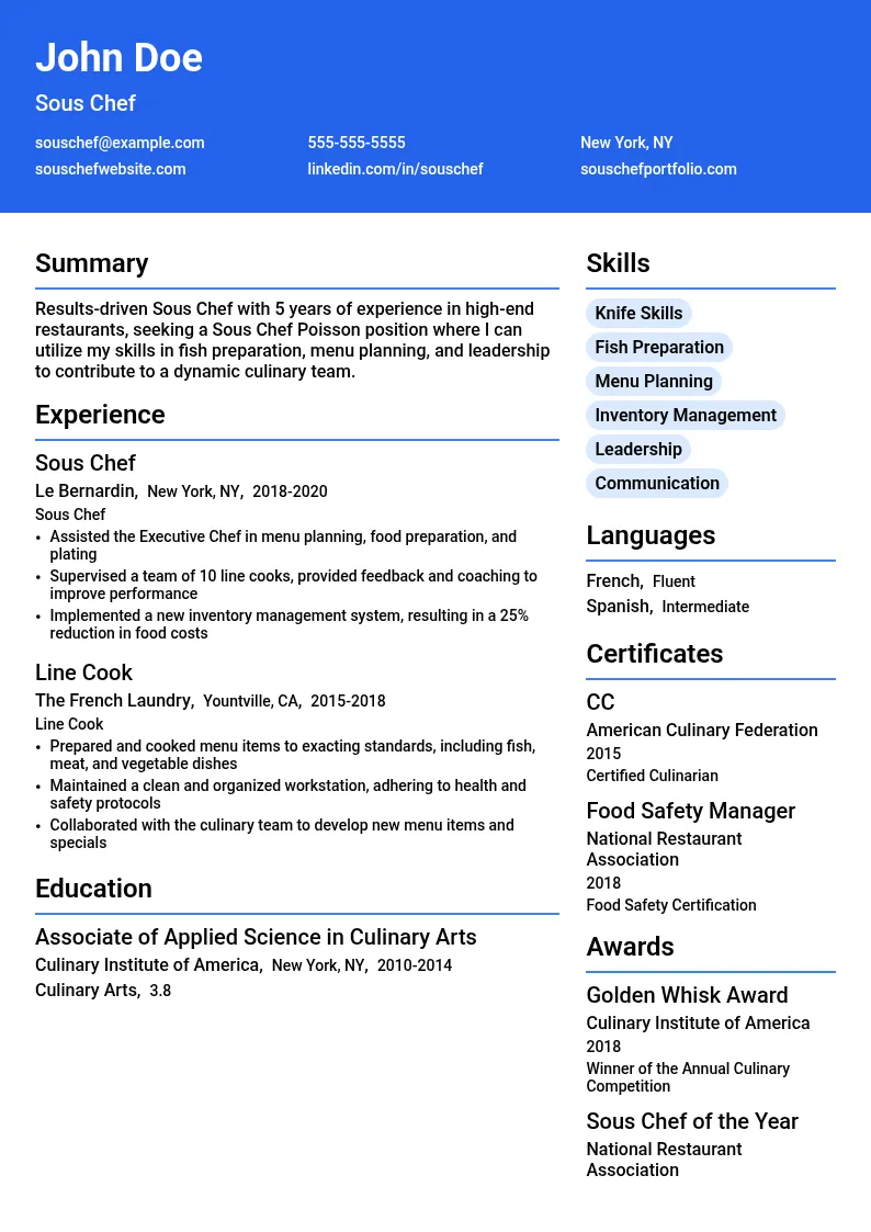 Sous Chef Poisson resume example