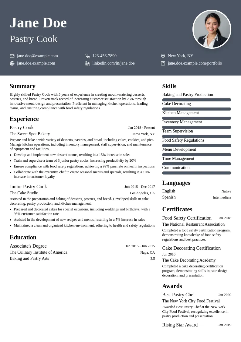 Pastry Cook resume example
