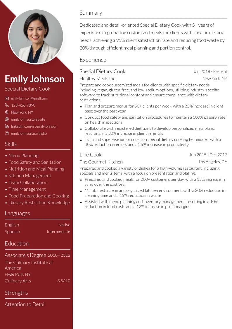 Special Dietary Cook resume example