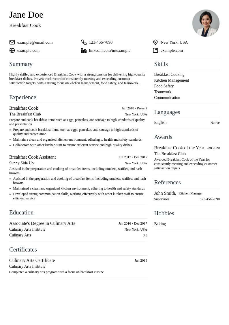 Breakfast Cook resume example