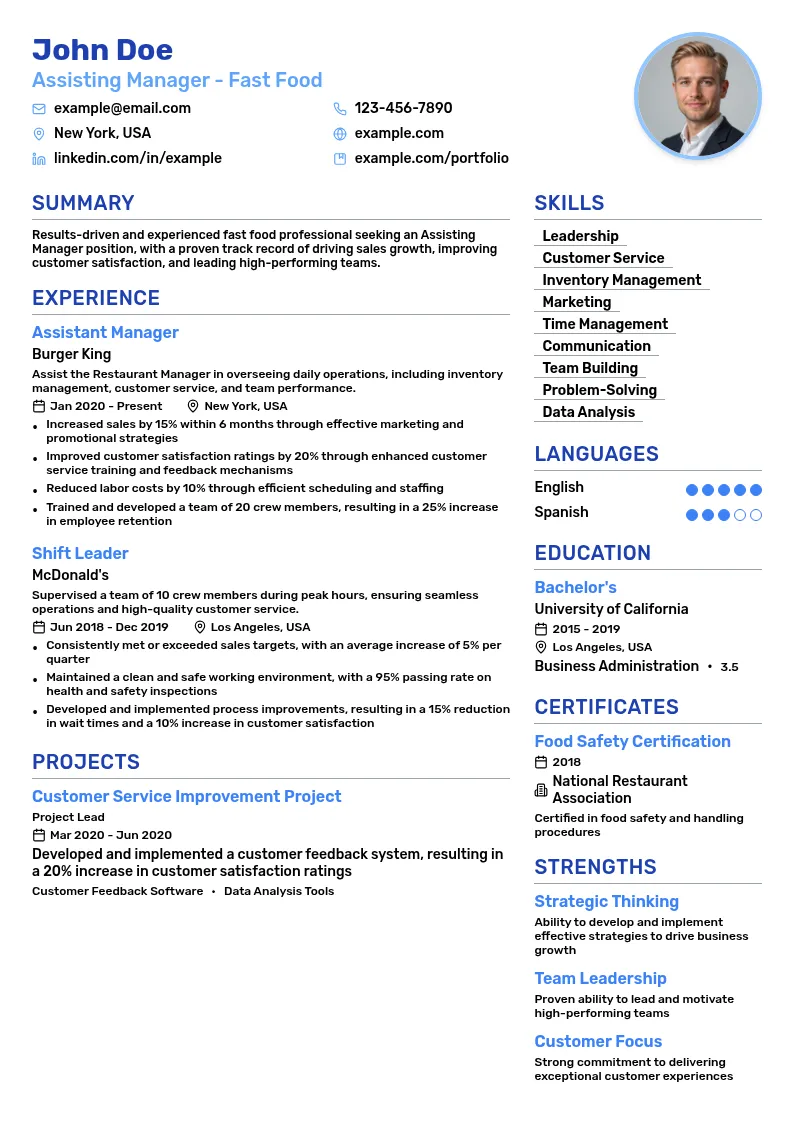 Assisting Manager - Fast Food resume example