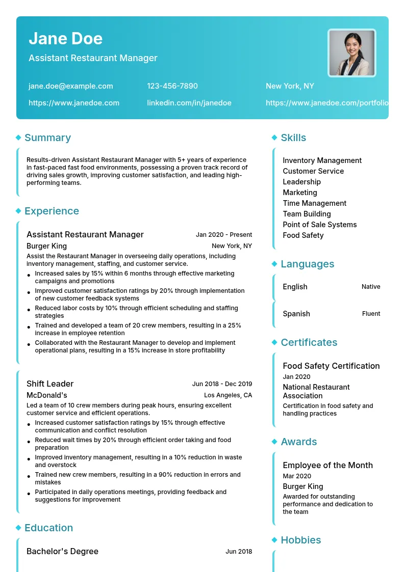 Assistant Restaurant Manager - Fast Food resume example