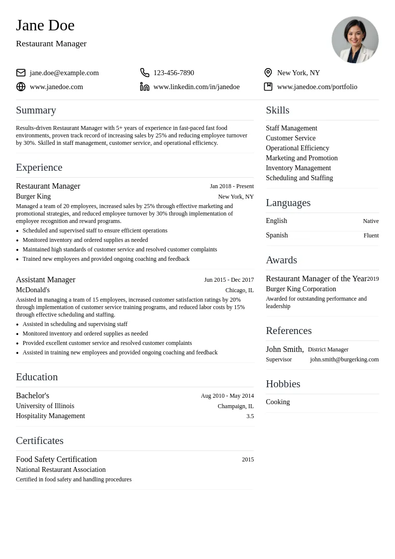Restaurant Manager - Fast Food resume example