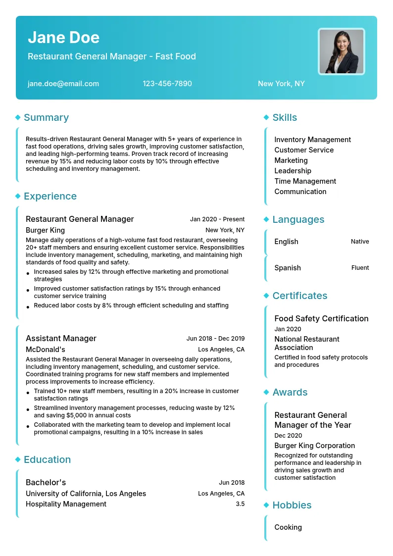 Restaurant General Manager - Fast Food resume example