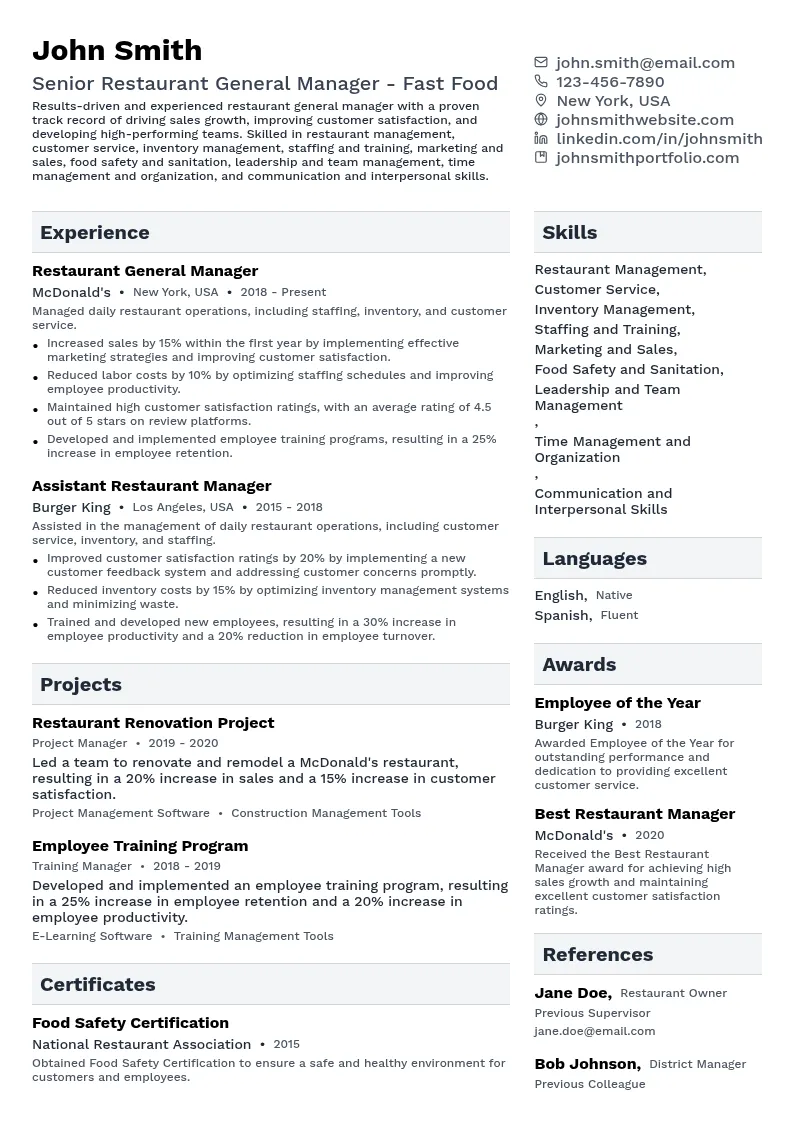 Senior Restaurant General Manager - Fast Food resume example