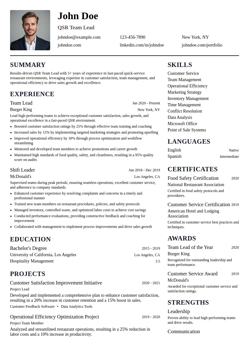 QSR Team Lead resume example