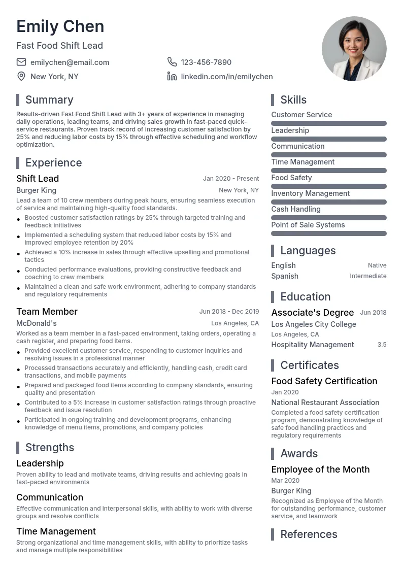 Fast Food Shift Lead resume example