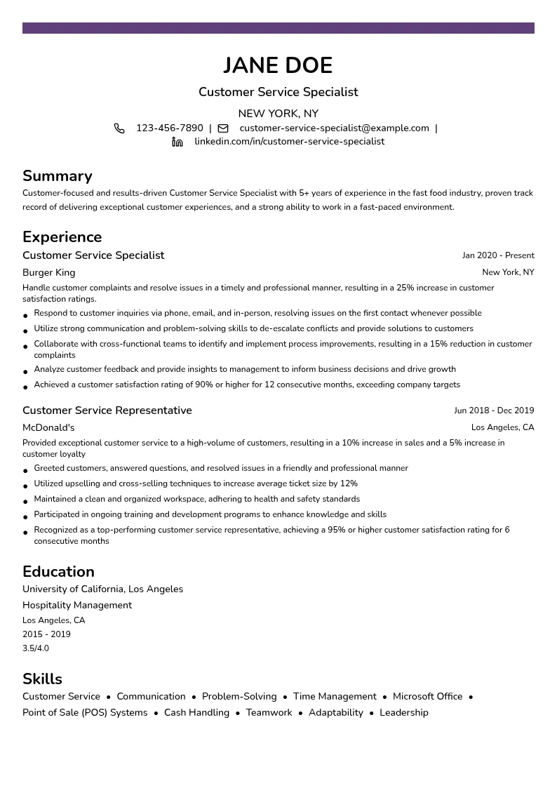 Customer Service Specialist - Fast Food resume example