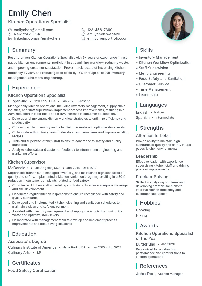 Kitchen Operations Specialist resume example