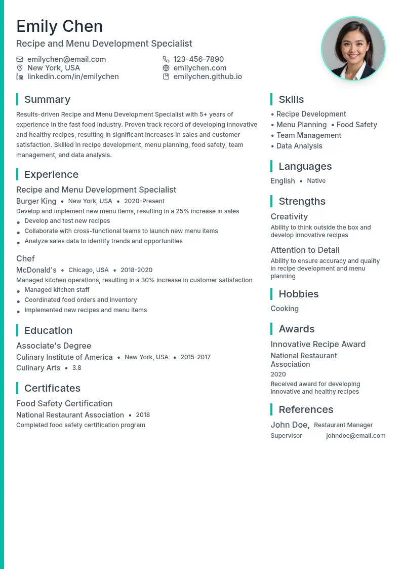 Recipe and Menu Development Specialist resume example