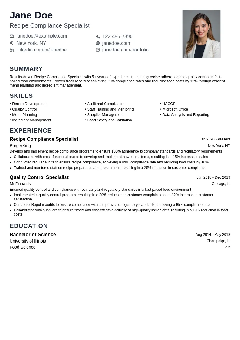 Recipe Compliance Specialist resume example