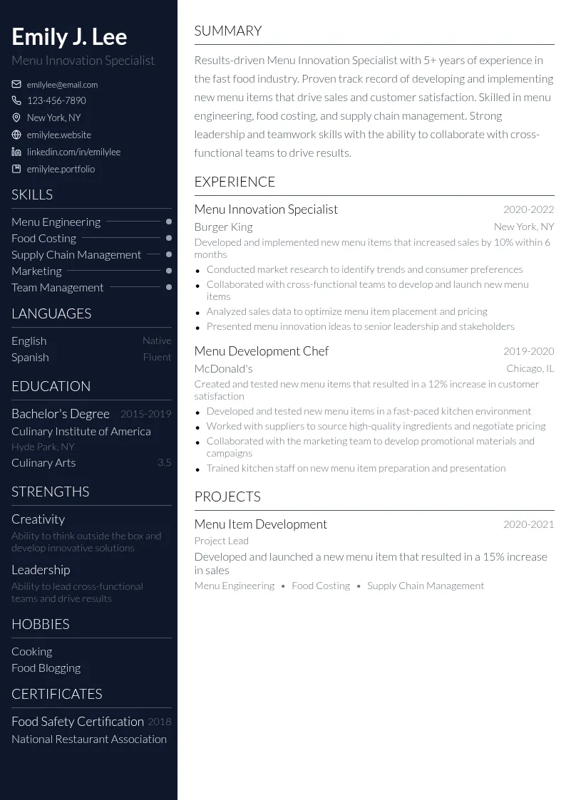 Menu Innovation Specialist resume example