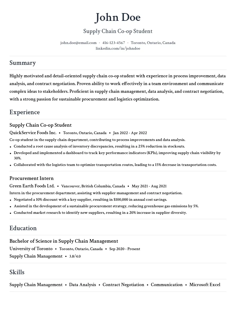 Supply Chain Co-op resume example