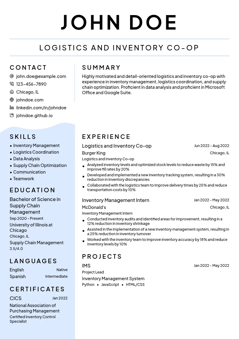 Logistics and Inventory Co-op resume example