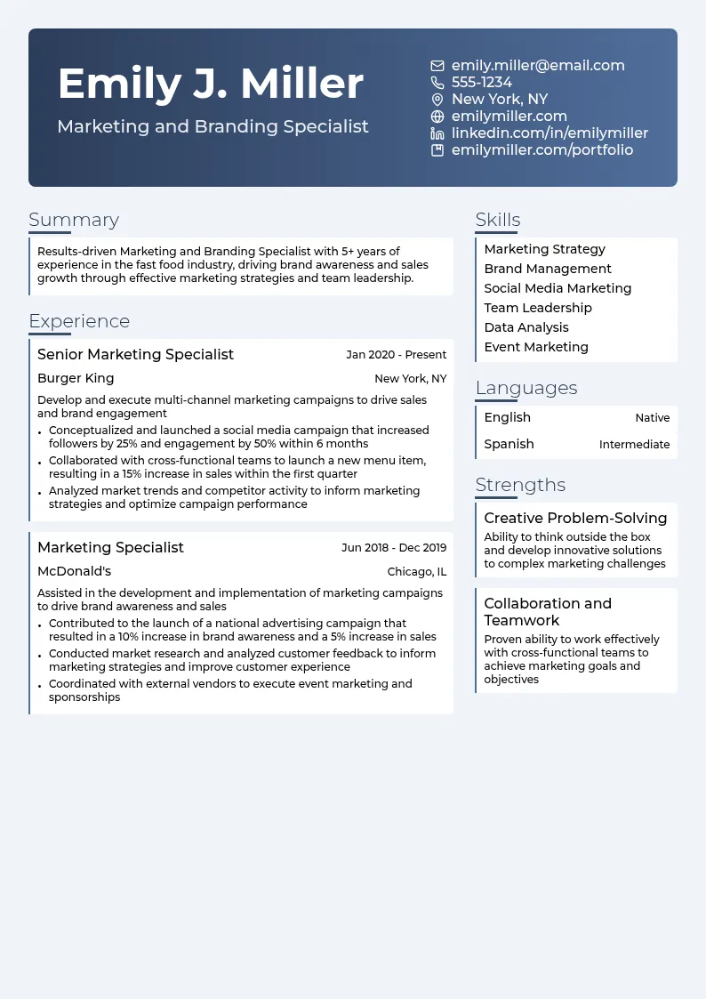 Marketing and Branding Specialist - Fast Food resume example