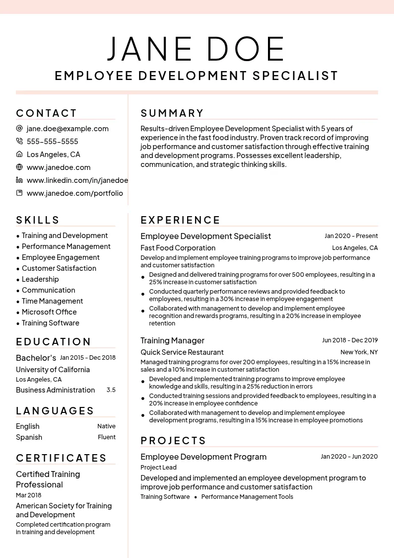 Employee Development Specialist - Fast Food resume example