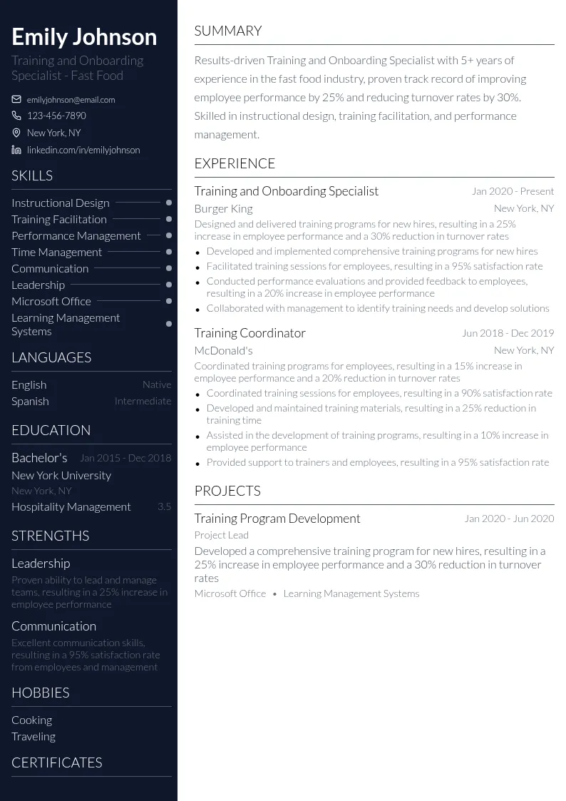 Training and Onboarding Specialist - Fast Food resume example