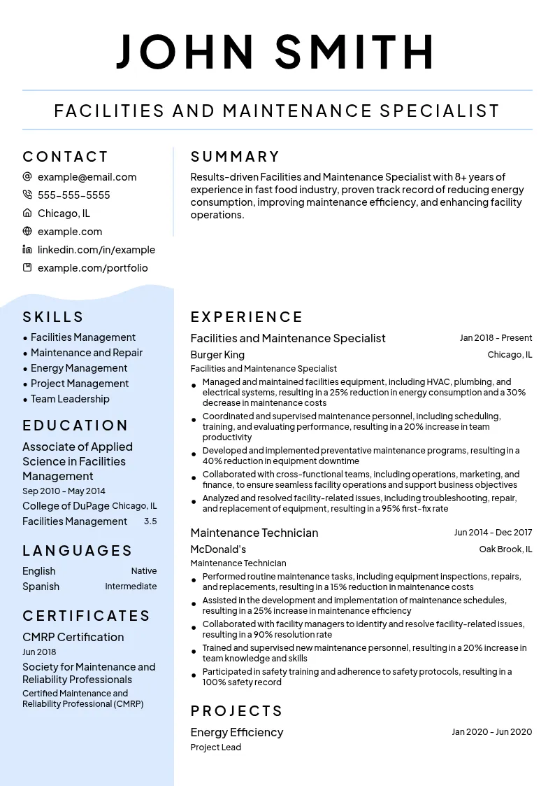 Facilities and Maintenance Specialist - Fast Food resume example